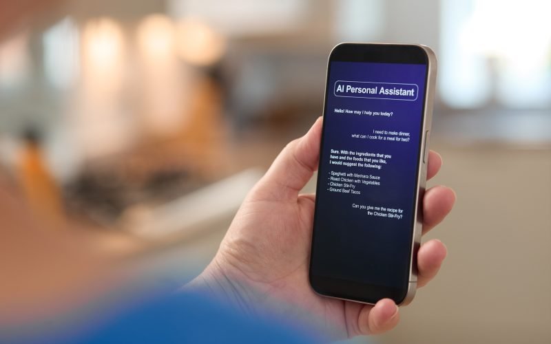 Smartphone displaying an AI personal assistant interface in a modern kitchen, showcasing features like instant messaging and smart scheduling for effective communication and appointment management.